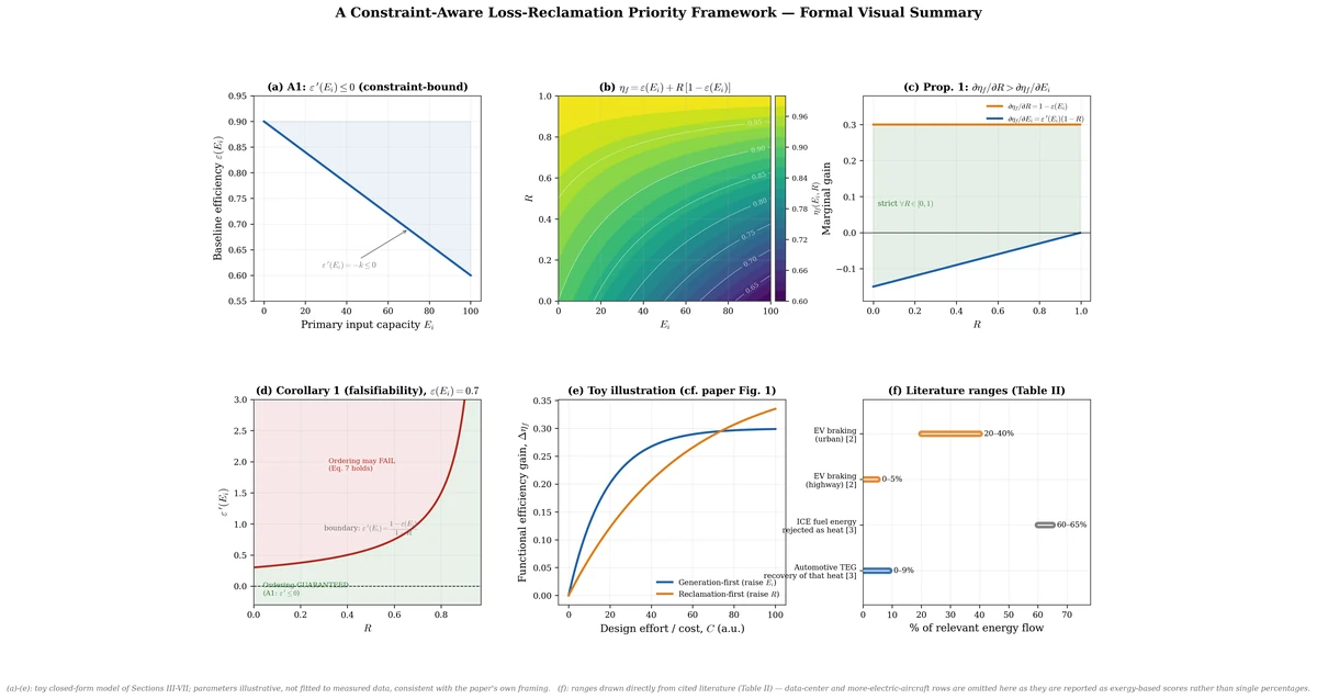 Six-panel formal visual summary of the constraint-aware Loss-Reclamation Priority framework